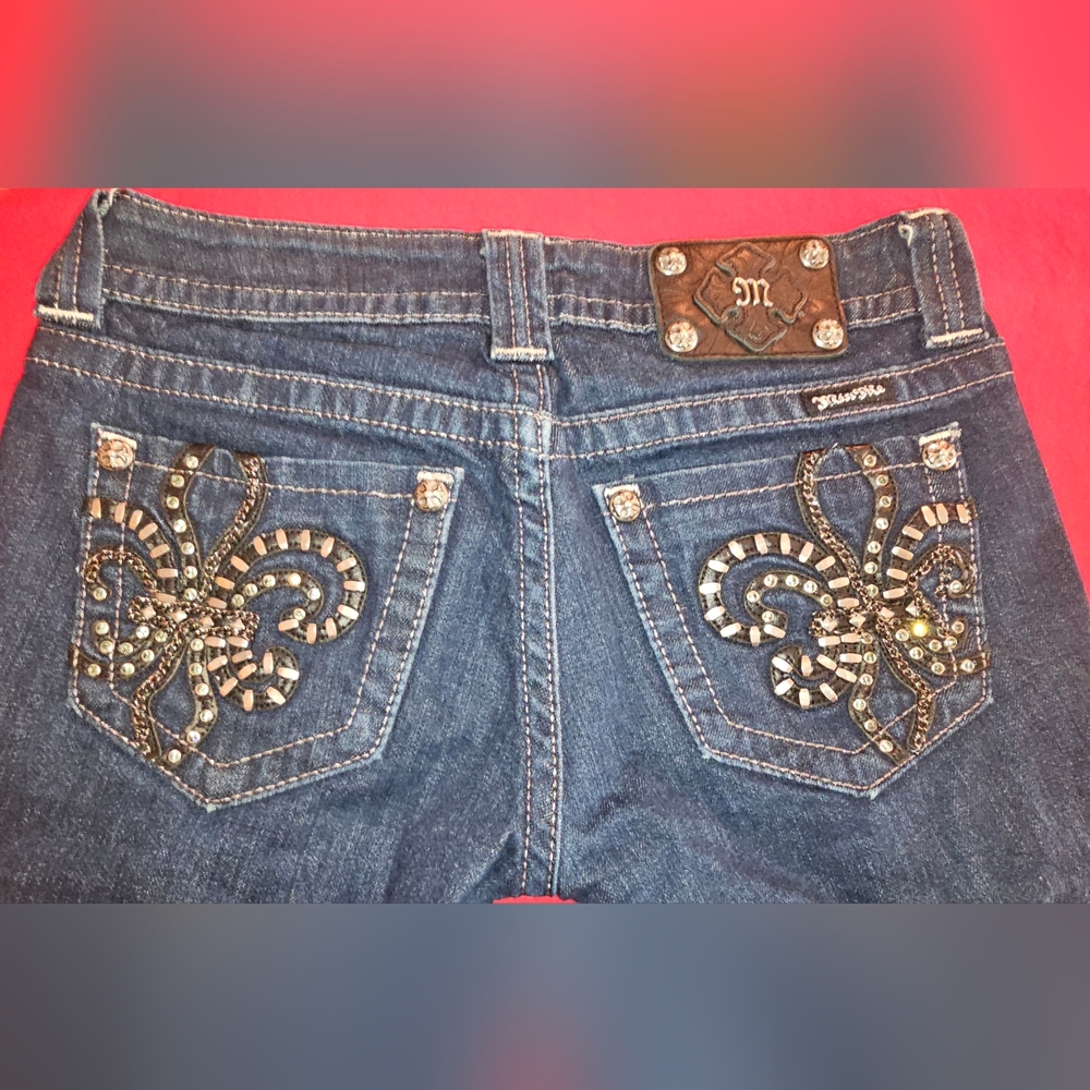Miss Me Dark Blue Embellished Chain Studded Fleur De Lis Skinny Jeans Sz 27